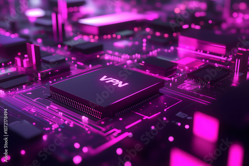 A close-up view of a glowing VPN chip on a dark circuit board. photo