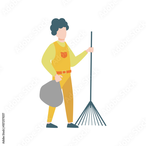 Man in uniform holds rake and trash bag in flat design. Street cleaning. Vector illustration isolated.