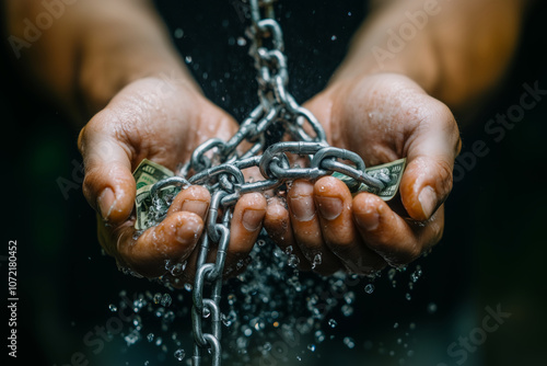 Hands breaking free from chains amidst scattered currency notes photo