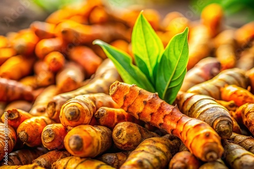 Closeup of Freshly Harvested Turmeric Roots with Vibrant Orange Color, Showcasing Organic Spice Concept, Perfectly Captured with Rule of Thirds Composition for Culinary Use photo