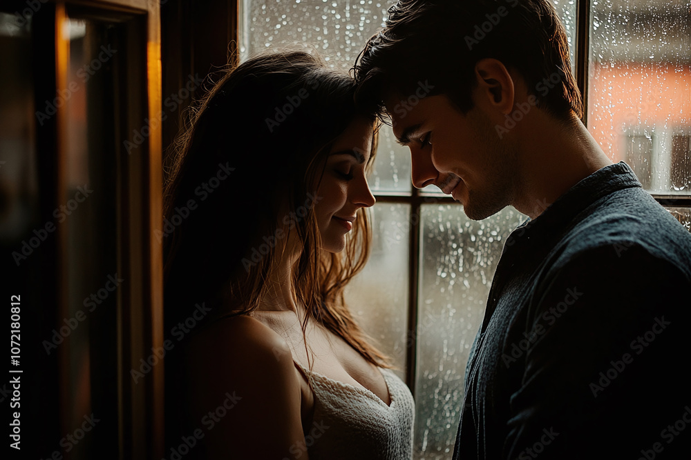 Couple embracing by a window, symbolizing emotional support and understanding. Couple embracing by a window, symbolizing emotional support and understanding.