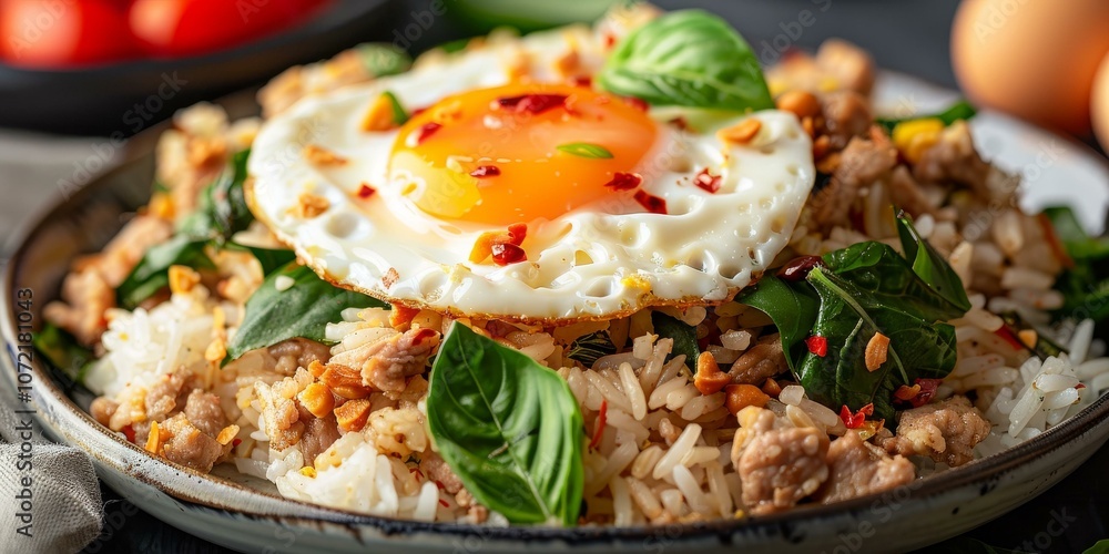 Stir-fried rice with pork and a fried egg on top Stir-fried rice with pork and a fried egg on top