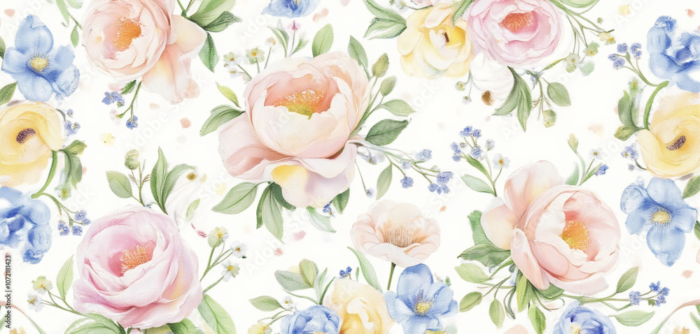 Fototapeta Watercolor floral pattern with soft roses and vibrant green leaves