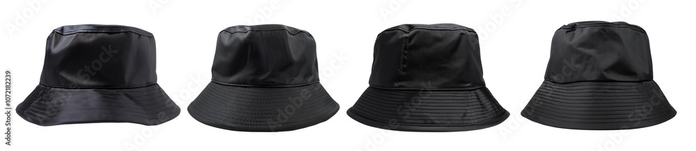 Collection of four stylish black bucket hats on a white isolate background. Collection of four stylish black bucket hats on a white isolate background.