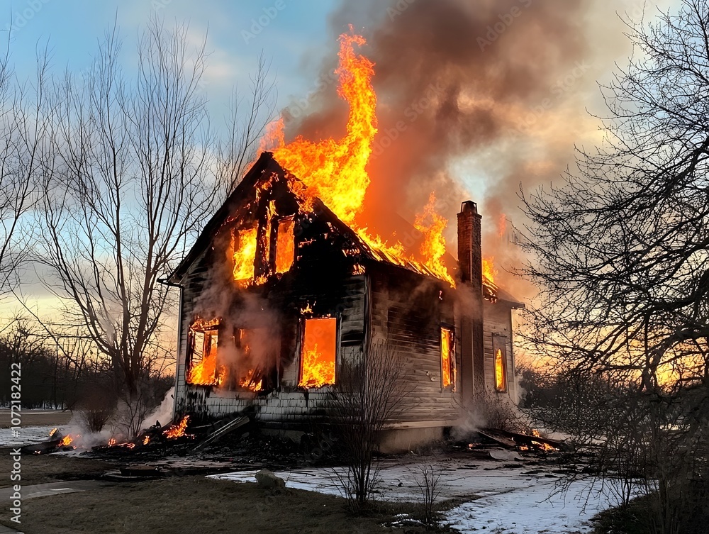 Fototapeta premium Burning Fire House Burn abandoned Building. Flame Disaster Emergency 