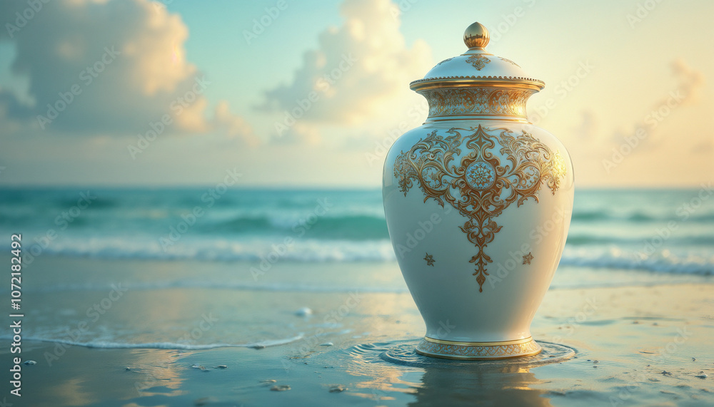 Shimmering Gold Filigree Funeral Urn with Sea and Sky Shimmering Gold Filigree Funeral Urn with Sea and Sky