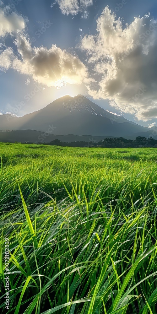Fototapeta premium Grass field with Mount Fuji in the distance