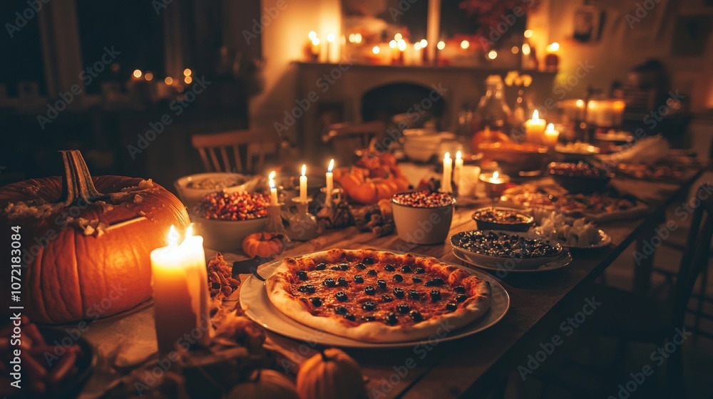 Cozy Autumn Dinner Table with Pizza and Candles. Cozy Autumn Dinner Table with Pizza and Candles.
