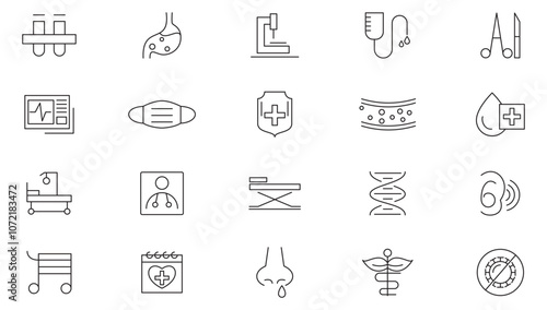 Medical line icon set. Eyesight check, anxiety, stress, psychology, genetic, DNA, genome, gene, chromosomes, heredity, gender, experiments, swab, microscope line icon set. UI thin line icon pack.