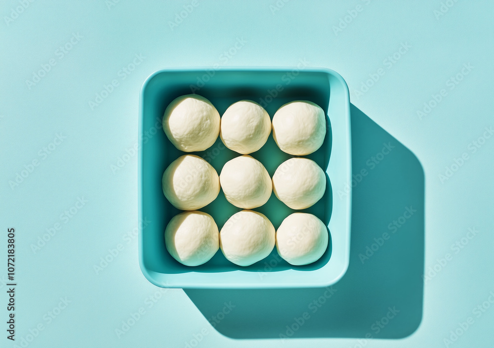 Nine round pizza dough balls neatly arranged in a blue container, photographed from above on a vibrant surface Nine round pizza dough balls neatly arranged in a blue container, photographed from above on a vibrant surface