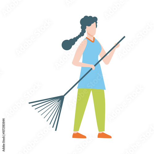 Woman holds rake for street cleaning in flat design. Cleaner collecting garbage. Vector illustration isolated.