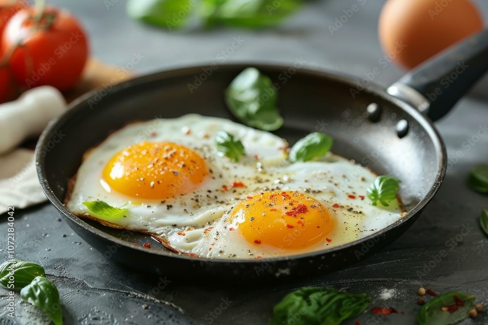 Fried eggs in a frying pan with basil, tomatoes and spices Fried eggs in a frying pan with basil, tomatoes and spices