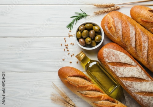 A rustic assortment of bread loaves lies on a clean, white wooden surface.