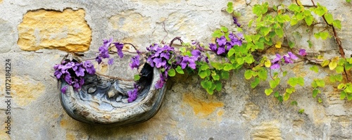 A decorative wall planter with purple flowers and green vines against a stone wall.