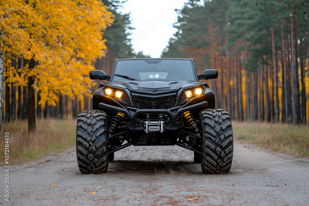 Fototapeta premium All terrain vehicle in forest setting, showcasing its rugged design and powerful stance. vibrant autumn foliage adds striking contrast to black vehicle