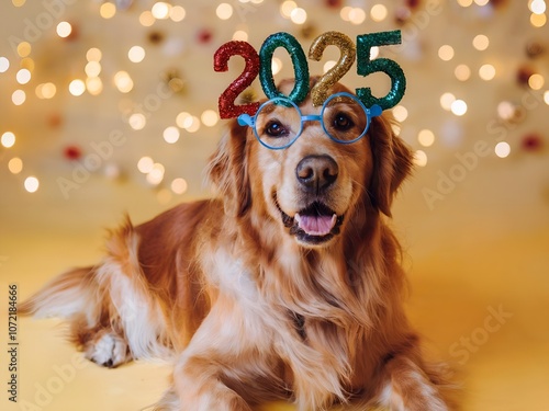 Cute Golden retriever dog in a festive party glasses with 2025 New year numbers. Warm and bright yellow background and lighting. Holiday celebration.