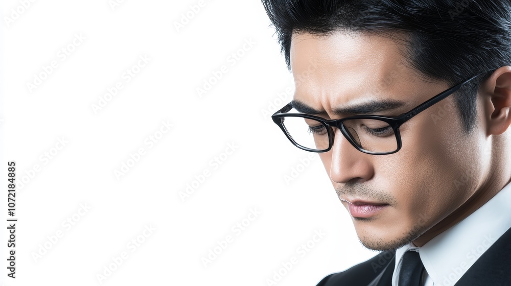 Contemplative businessman, a portrait of man in suit and tie, head bowed in thought, reflecting on work or business matters. Contemplative businessman, a portrait of man in suit and tie, head bowed in thought, reflecting on work or business matters.