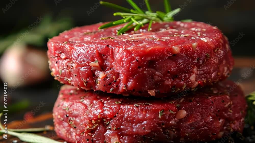 Fresh raw beef patties seasoned with herbs and spices on a wooden board Fresh raw beef patties seasoned with herbs and spices on a wooden board