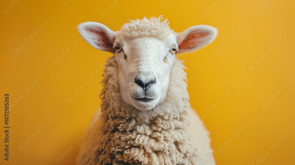 Close-up of a white sheep against a yellow background Close-up of a white sheep against a yellow background