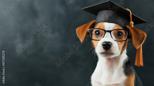 cute Beagle puppy wearing glasses and graduation cap, looking proud and intelligent. Perfect for educational themes or pet celebrations photo