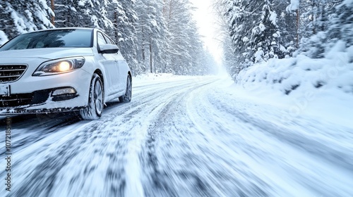 A car navigating a snowy road through a forest in winter.