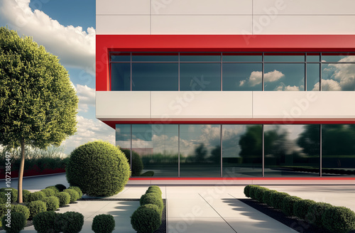 A sleek modern office building with red accents and large reflective glass windows, surrounded by neatly trimmed greenery