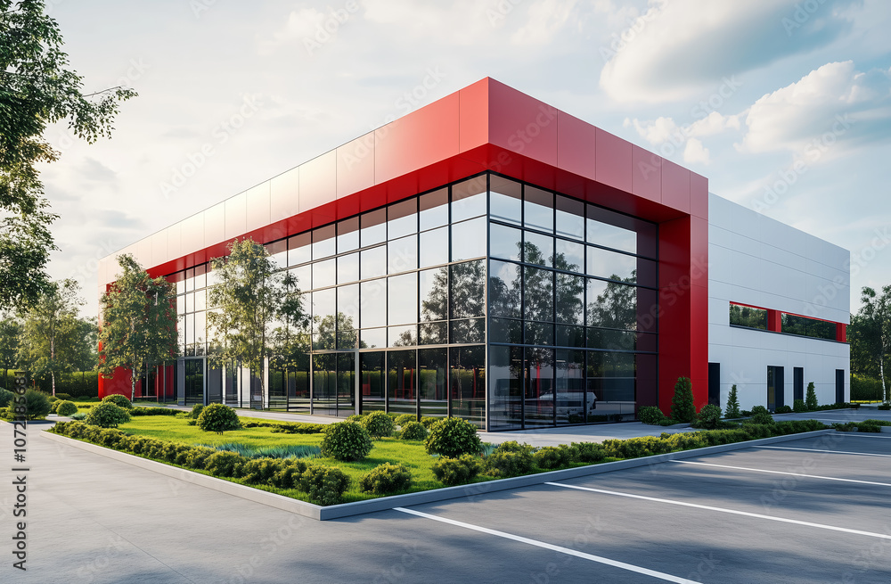 Obraz premium A sleek commercial building featuring a red and white color scheme, large reflective glass windows, and well-maintained landscaping. A sunny day highlights the clean, modern design