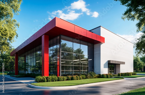 Contemporary structure featuring bold red accents, a sleek glass facade, and landscaped greenery under a bright blue sky