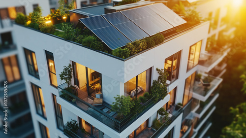 Modern eco-friendly apartment building featuring solar panels and a lush green rooftop terrace. Warm interior lighting creates a cozy ambiance, complemented by the golden hour glow