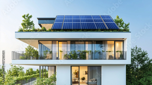 A stylish modern house featuring rooftop solar panels, green balconies, and large windows, surrounded by trees and natural light.
