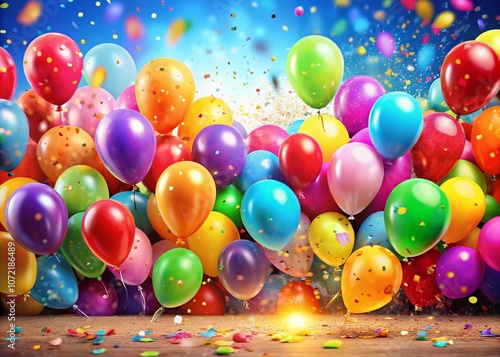 Colorful Balloons and Confetti Background for Birthday Celebrations in Panoramic View, Perfect for Party Invitations, Decorations, and Festive Events Capturing Joyful Moments