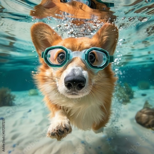 Underwater Corgi in Goggles photo