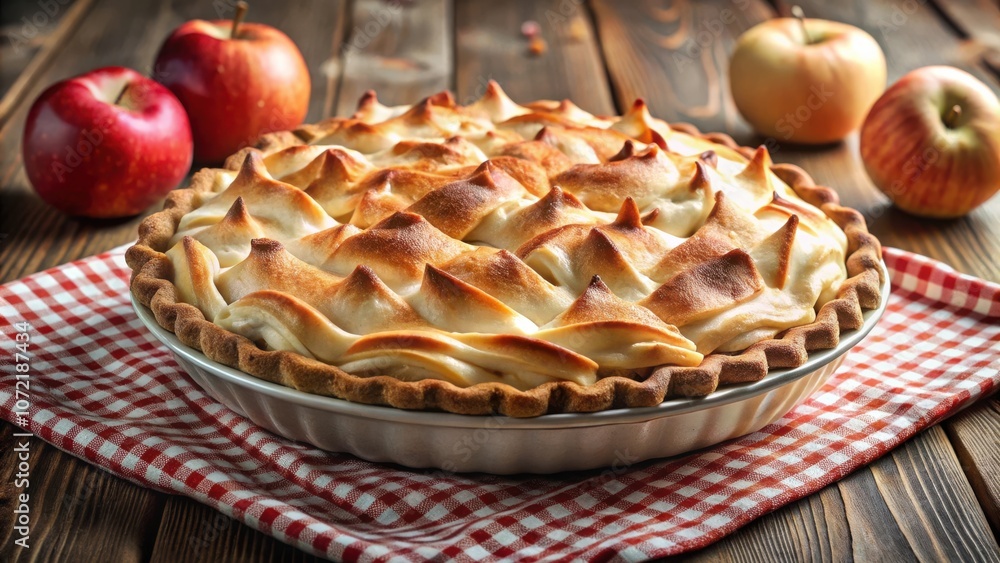 A freshly baked apple pie with a golden brown meringue topping, resting on a red and white checkered tablecloth, surrounded by whole apples on a rustic wooden table. A freshly baked apple pie with a golden brown meringue topping, resting on a red and white checkered tablecloth, surrounded by whole apples on a rustic wooden table.