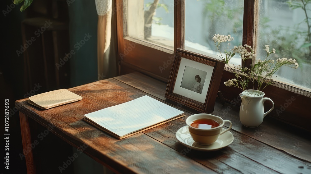 Wooden desk with a notepad, a cup of tea, and a single photo frame, highlighting a minimalist and cozy workspace. Wooden desk with a notepad, a cup of tea, and a single photo frame, highlighting a minimalist and cozy workspace.