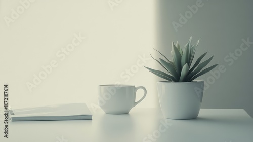 Wallpaper Mural White desk with a single succulent plant, a cup of coffee, and a notebook, creating a clean, serene workspace. Torontodigital.ca