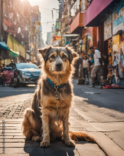 dog sitting on busy street, street dog, dog on the road, dog in traffic, dog sitting in the city, stray dog in urban area, dog waiting on sidewalk, urban street dog, dog on busy road, pet on the stree photo