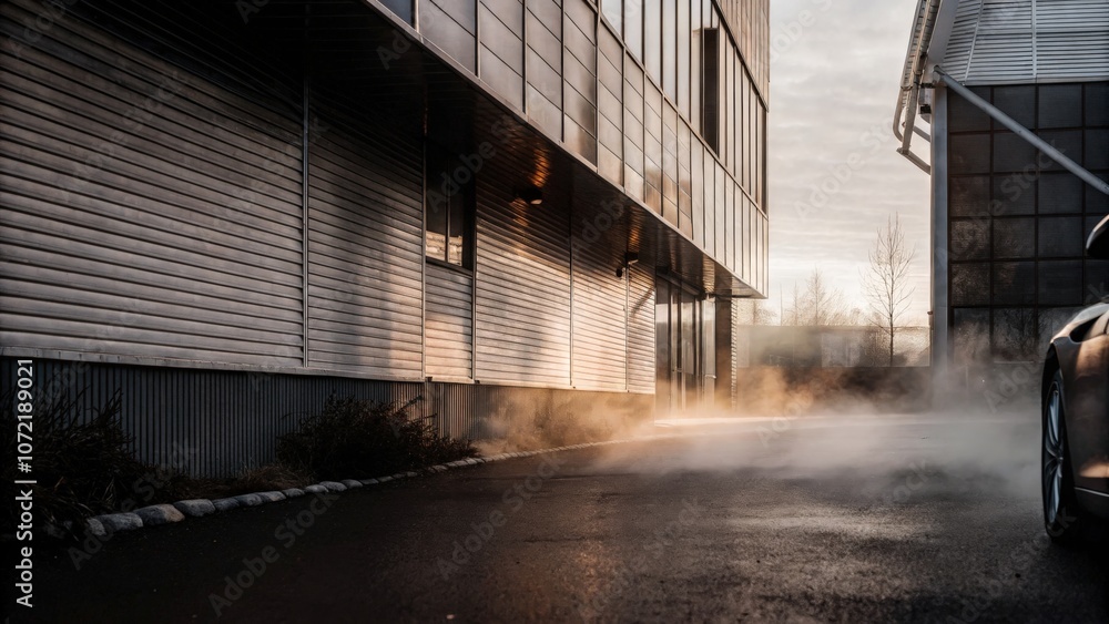 Obraz premium Industrial building exterior with rising steam at dusk