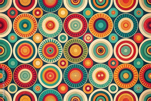 Colorful Retro Circle Pattern Background with Vibrant Geometric Shapes in Vintage Style Perfect for Digital Design, Web Backgrounds, and Creative Projects