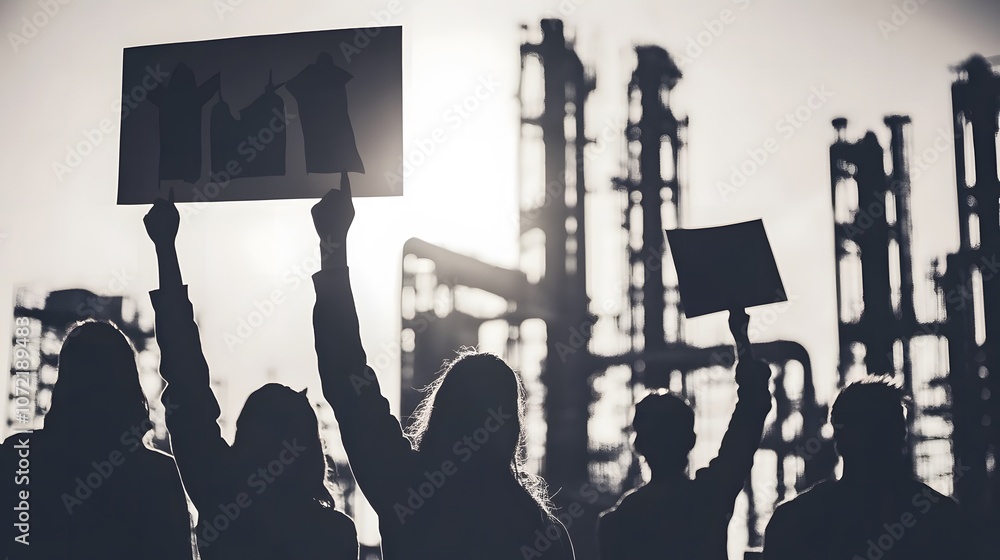 Fototapeta premium Workers gathered outside the plant, raising signs and voicing demands, highlighting the importance of labor rights and collective action in advocating for workplace improvements.