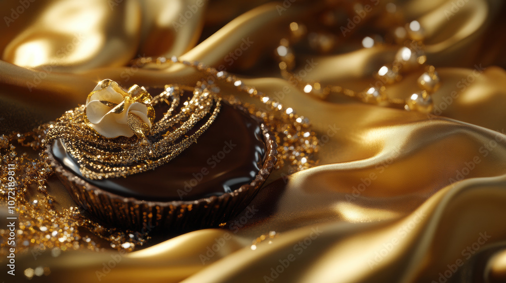 Luxurious chocolate dessert on golden silk fabric, adorned with elegant details Luxurious chocolate dessert on golden silk fabric, adorned with elegant details