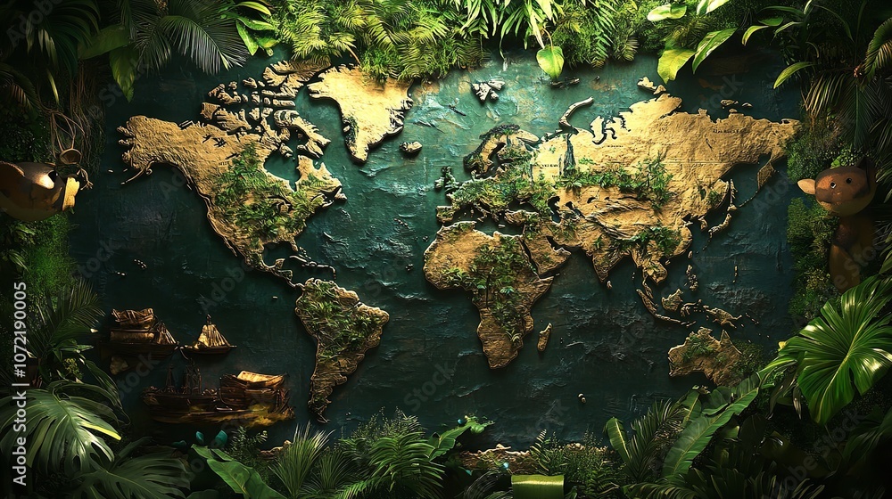 A children's room wallpaper design featuring a drawn map of the world A children's room wallpaper design featuring a drawn map of the world
