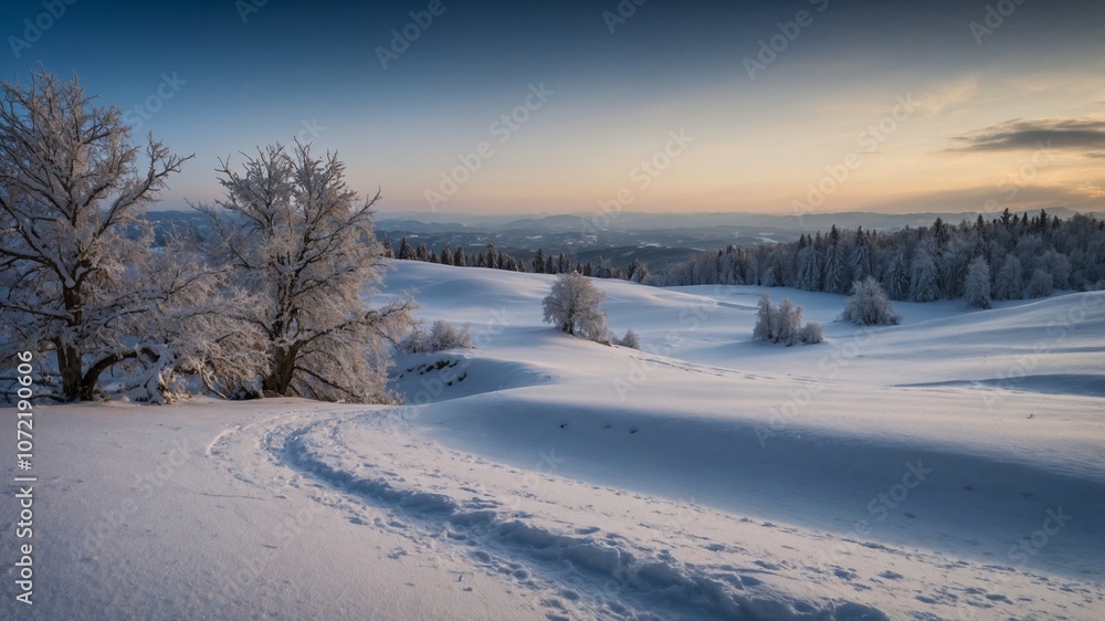 Obraz premium Paesaggio innevato al tramonto con alberi ghiacciati e colline ondulate
