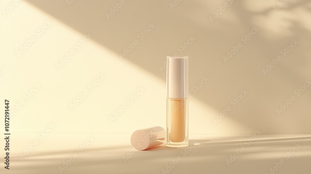 Translucent lip balm container, resting on a light beige surface with a subtle reflection. Translucent lip balm container, resting on a light beige surface with a subtle reflection.