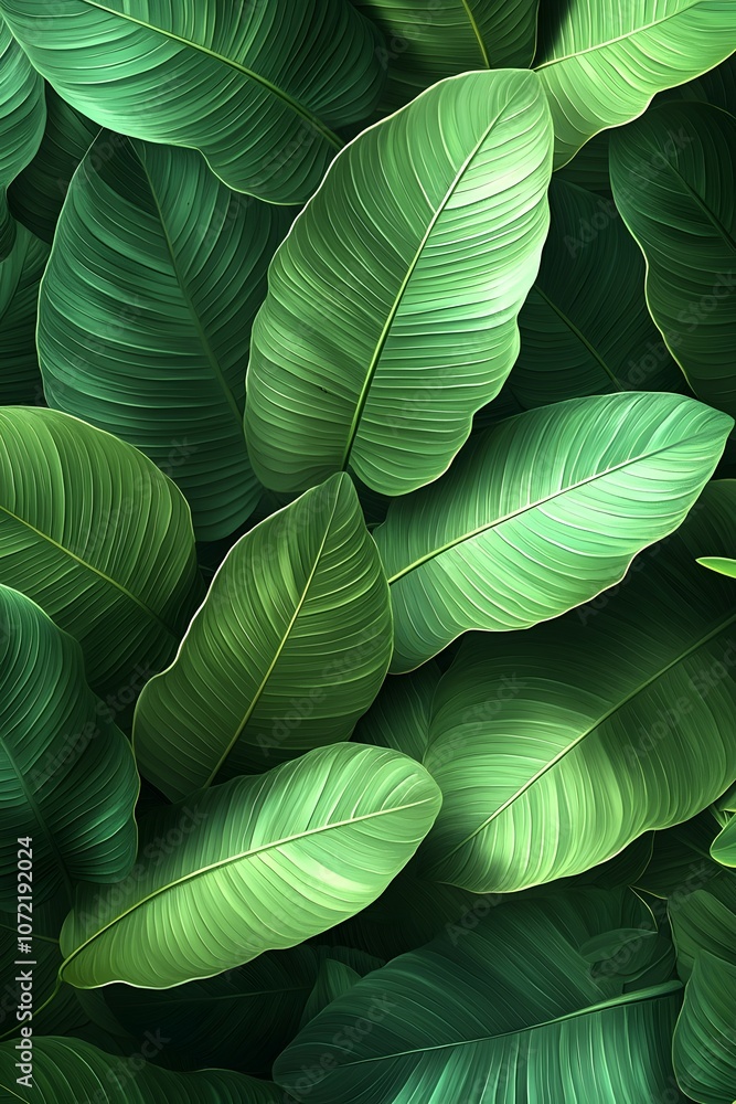 Obraz premium A lush arrangement of vibrant green banana leaves, showcasing their textured patterns and rich hues in a captivating natural aesthetic.