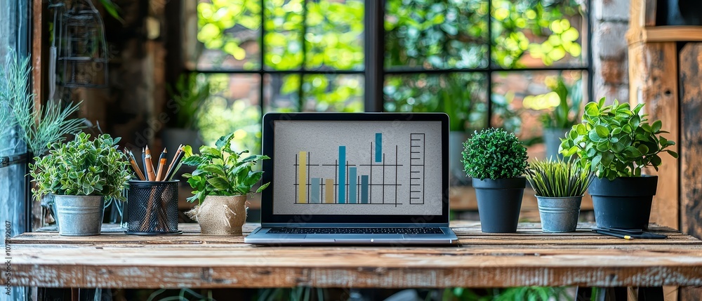 A modern workspace featuring a laptop displaying graphs, surrounded by lush plants, set against large windows with natural light. A modern workspace featuring a laptop displaying graphs, surrounded by lush plants, set against large windows with natural light.