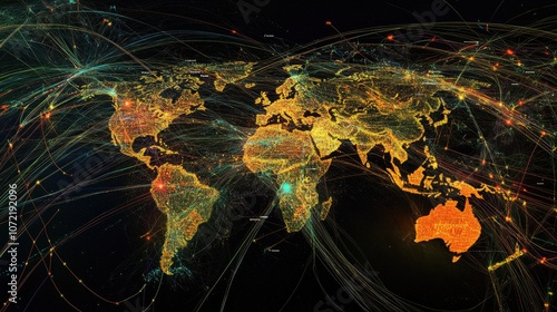 Digital globe with connected trade routes, global network, world trade  photo