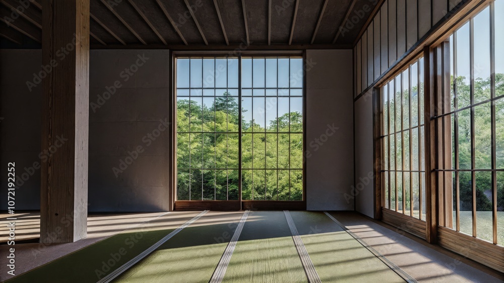 Obraz premium Minimalist Japanese-style room with large windows overlooking lush green trees