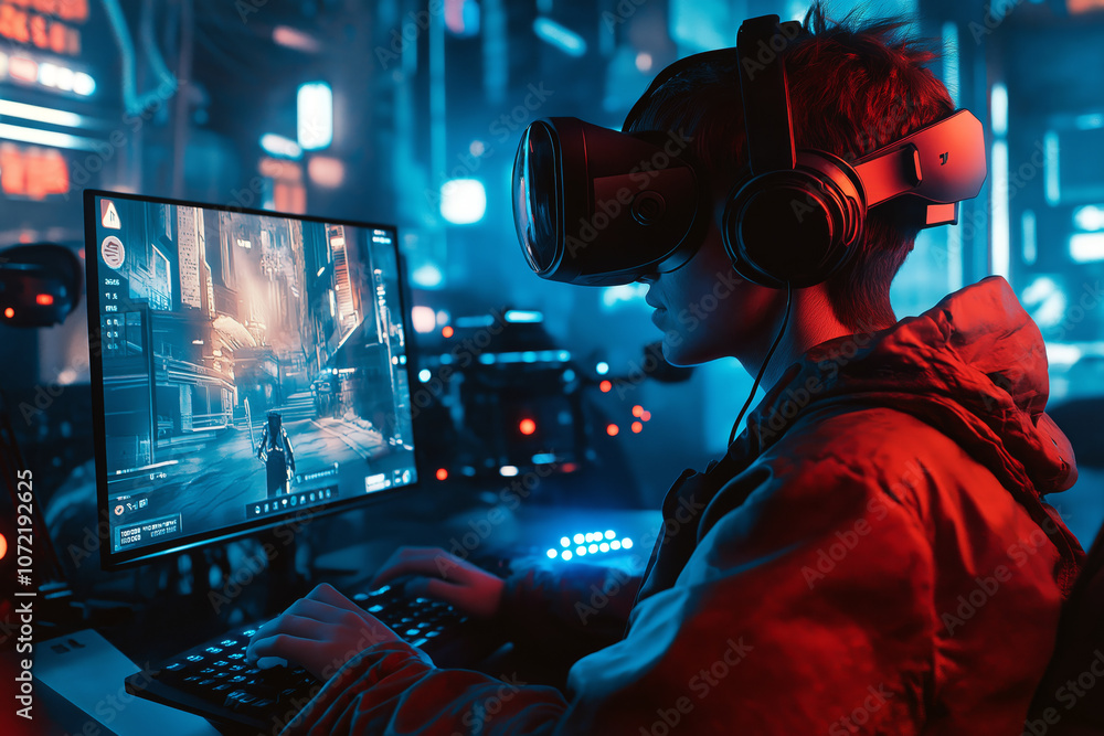 A gamer in a high-tech VR rig, intensely focused while playing a fast-paced action game in a virtual cyberpunk city. A gamer in a high-tech VR rig, intensely focused while playing a fast-paced action game in a virtual cyberpunk city.