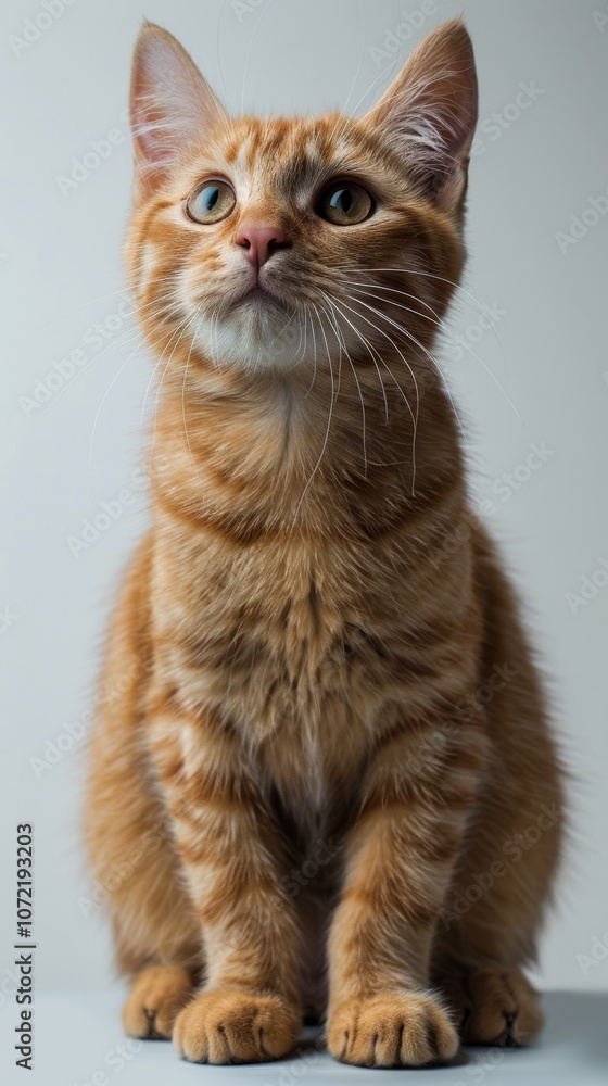 A ginger cat is sitting on a white table looking up A ginger cat is sitting on a white table looking up