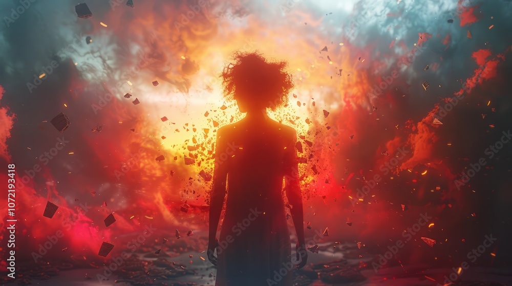 Woman surrounded by broken barriers, background colored with empowering, uplifting colors Woman surrounded by broken barriers, background colored with empowering, uplifting colors